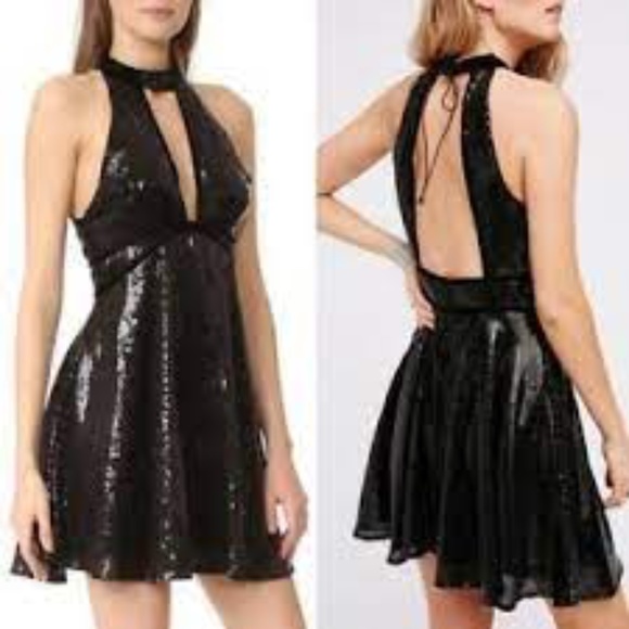 Free People Dresses & Skirts - Free People black sequins halter neck plunging neckline velvet trim mini dress 8